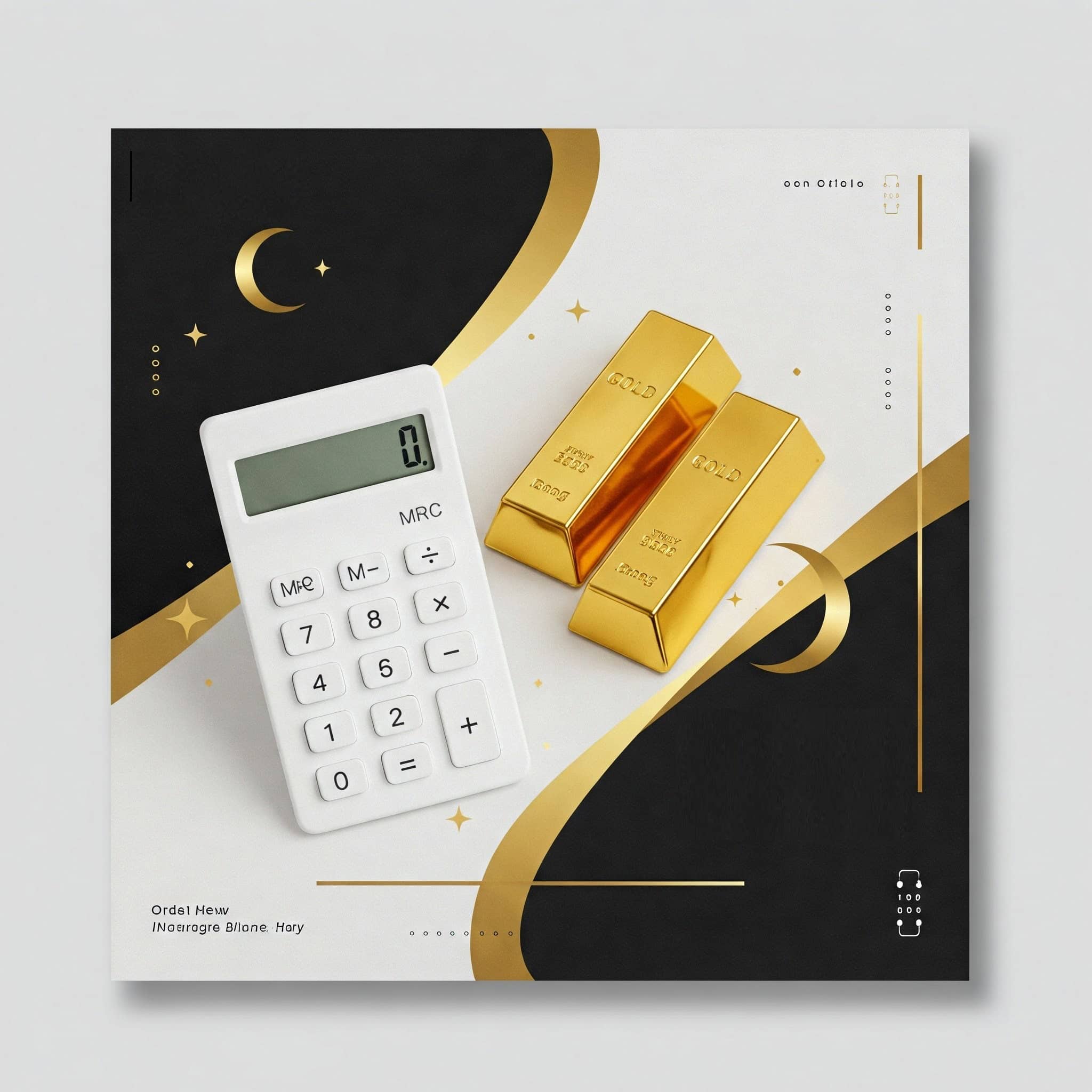 Shiny gold bars with a white calculator on a black and gold decorative background, symbolizing wealth and financial prosperity, suitable for content about investment, gold trading, or financial growth.